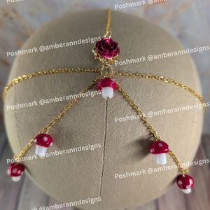 Gold and Red Hair Accessory with Mushroom Charm Accents